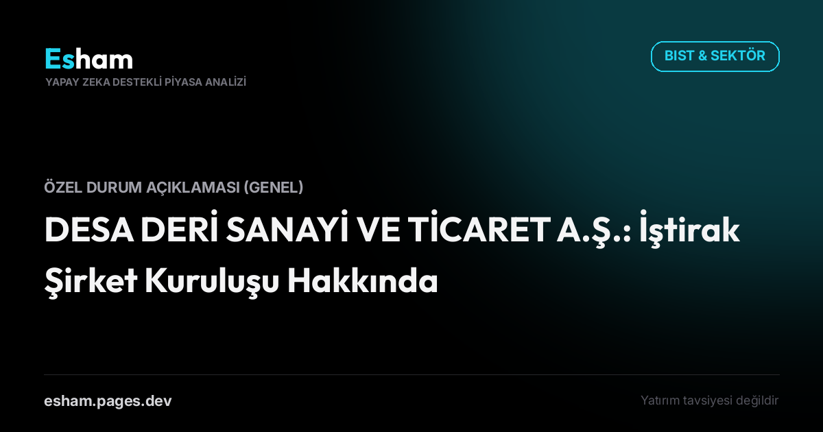 DESA DERİ SANAYİ VE TİCARET A.Ş.: İştirak Şirket Kuruluşu Hakkında