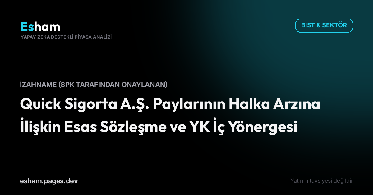 Quick Sigorta A.Ş. Paylarının Halka Arzına İlişkin Esas Sözleşme ve YK İç Yönergesi